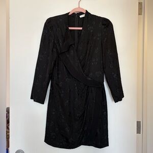 Sandro Black Floral Jacquard Long Sleeve Wrap Dress